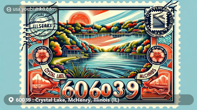 Modern illustration of Crystal Lake, McHenry County, Illinois, with vintage postcard showcasing tranquil waters, Illinois state flag, and local landmarks, all surrounding the postal theme with ZIP code 60039.