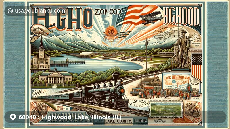 Modern illustration of Highwood, Lake County, Illinois, highlighting ZIP code 60040, featuring vintage postcard design with historical and modern elements including Fort Sheridan, a railroad symbol, and a festive scene representing dining and nightlife culture.