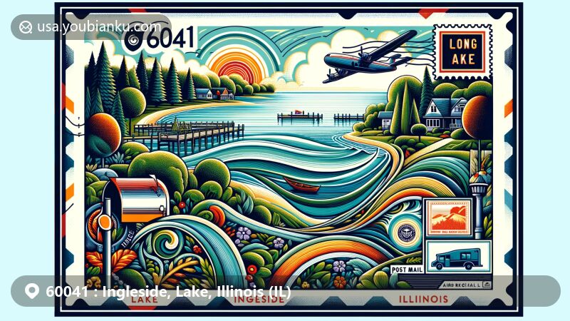 Modern illustration of Ingleside, Lake County, Illinois, featuring iconic Long Lake, lush greenery, and postal elements, showcasing ZIP code 60041 in a creative, stylized design.