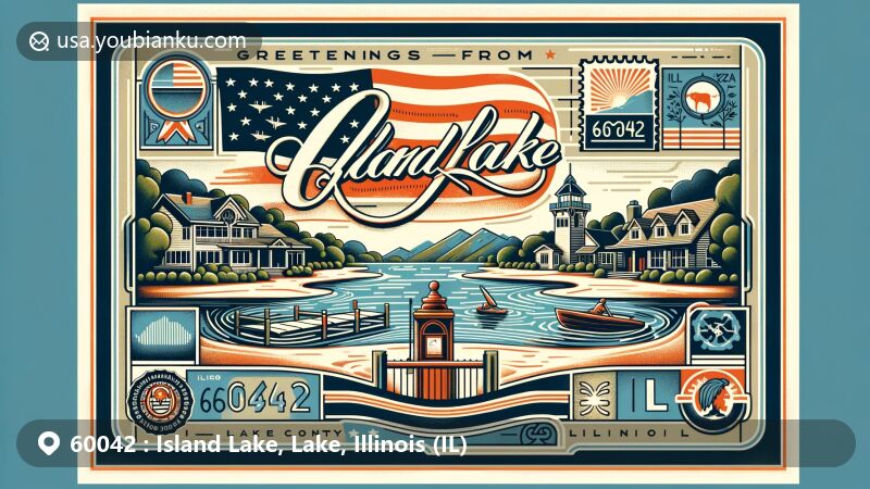 Modern illustration of Island Lake, Lake County, Illinois, in postcard style with scenic village view, tranquil lake, and Illinois state flag, featuring vintage stamp of Lake County, postal elements, and classic mailbox.