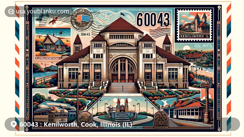 Modern illustration of Kenilworth, Illinois, capturing postal theme with ZIP code 60043, featuring Kenilworth Assembly Hall and local landmarks.