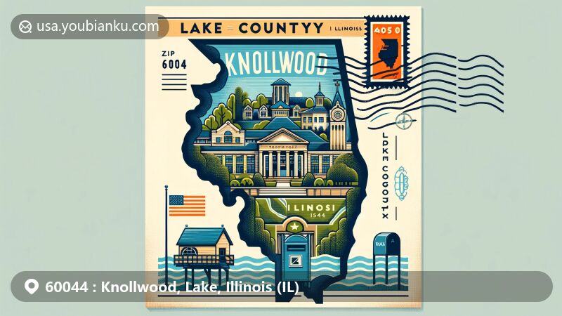 Modern illustration of Knollwood, Lake County, Illinois, designed for ZIP code 60044 in postcard style, featuring iconic local landmarks and state symbols.