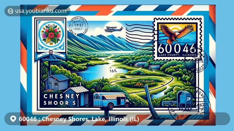 Modern illustration of Chesney Shores, Lake County, Illinois, featuring ZIP code 60046, showcasing Illinois state flag, Grant Woods Forest Preserve, and postal elements in a creative air mail envelope design.