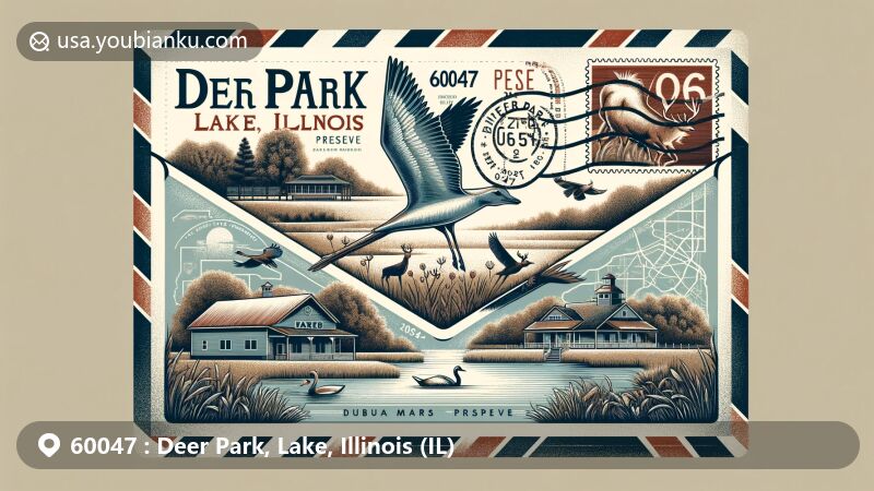 Modern illustration of Deer Park, Lake, Illinois, featuring vintage airmail envelope with ZIP code 60047, highlighting Vehe Farm, Cuba Marsh Forest Preserve, local wildlife, Illinois state, and Lake County.