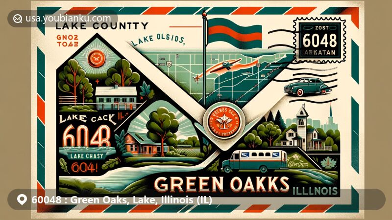 Modern illustration of Green Oaks, Lake County, Illinois, featuring vintage airmail envelope with ZIP code 60048. Includes Heinz Orchard, Glenmore Woods Forest Preserve, and Illinois state flag.