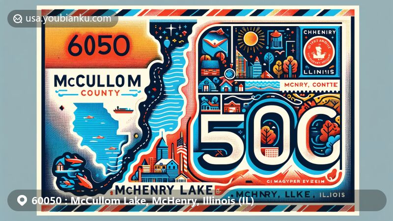 Colorful illustration of McCullom Lake, McHenry, Illinois, showcasing airmail envelope design with intricate map silhouette of McHenry County and iconic local landmarks.