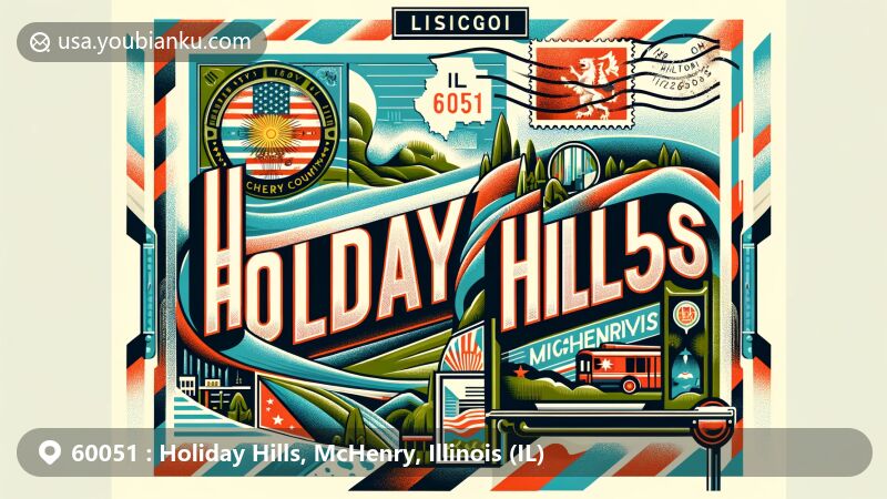Modern illustration of Holiday Hills, McHenry County, Illinois, featuring vintage airmail envelope with Illinois state flag stamp and postmark for ZIP code 60051, surrounded by iconic Illinois landmarks and natural scenery.