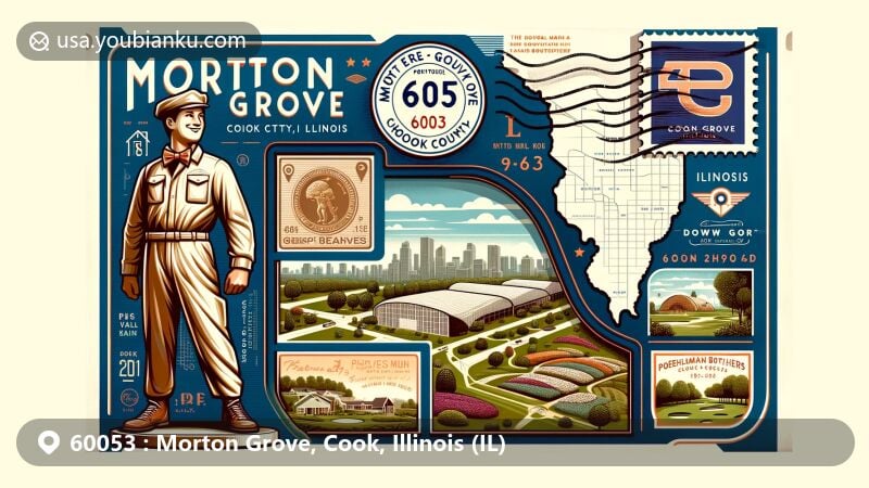 Modern illustration of Morton Grove, Cook County, Illinois, featuring vintage airmail envelope with key landmarks like Doughboy Statue and Poehlman Brothers' greenhouses.