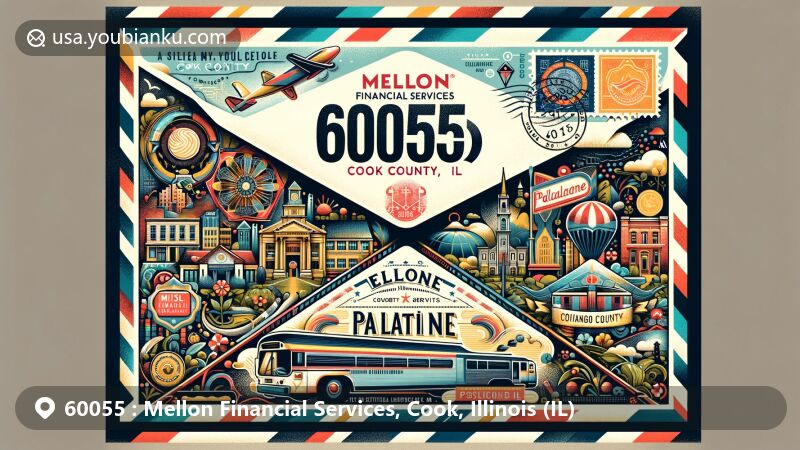 Modern illustration representing Mellon Financial Services in Cook County, Illinois, featuring vintage airmail envelope with iconic landmarks and cultural symbols of Palatine. Stylized map of Cook County and Chicago metropolitan area elements included.