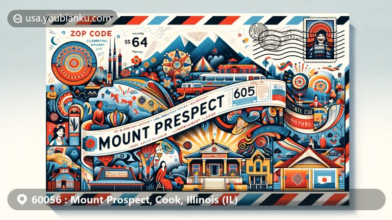 Modern illustration of Mount Prospect, Cook County, Illinois, capturing cultural diversity with the Celebration of Cultures theme, featuring postal elements like ZIP Code 60056 and inclusive community symbols.