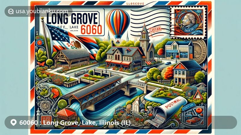 Modern illustration of Long Grove, Lake, Illinois, featuring airmail envelope with Historic Downtown Long Grove, cobblestone streets, Covered Bridge, German heritage motifs, Illinois state flag, and vintage postage stamp.