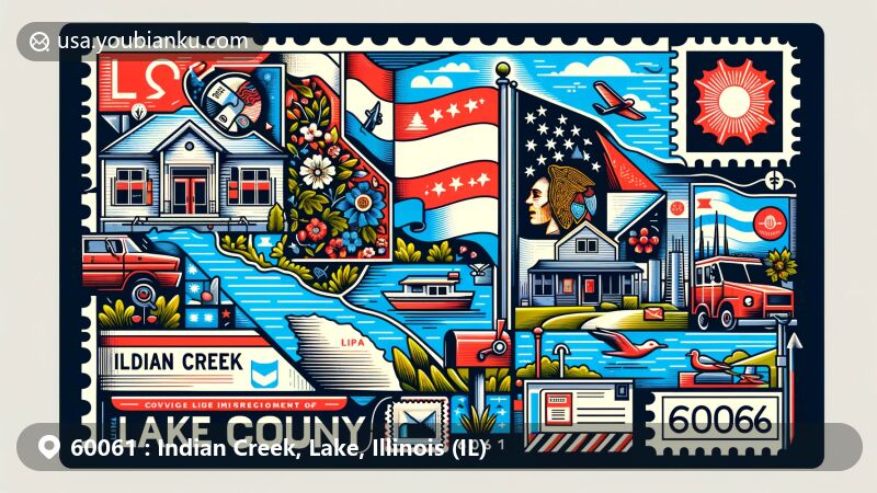 Modern illustration of Indian Creek, Lake County, Illinois, showcasing postal theme with ZIP code 60061, featuring Illinois state flag, map of Lake County, and cultural symbols.