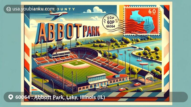 Modern illustration of Abbott Park, Lake County, Illinois, focusing on postal theme with ZIP code 60064, highlighting community recreational facilities and Illinois state flag.