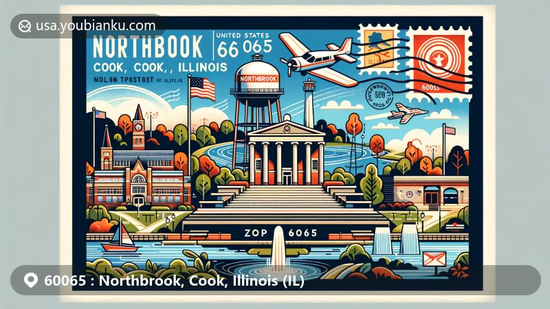 Modern illustration of Northbrook, Cook, Illinois, portraying postal theme with ZIP code 60065, featuring Northbrook Water Tower, Skokie Lagoons, Glenbrook North High School steps from 'Ferris Bueller's Day Off', Somme Prairie Nature Preserve, Wood Oaks Green Park, Illinois state flag, Cook County outline, and postal elements.