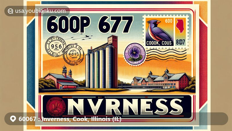 Modern illustration of Inverness, Cook County, Illinois, featuring ZIP code 60067, showcasing Four Silos landmark, Illinois state flag, and vintage postal elements.