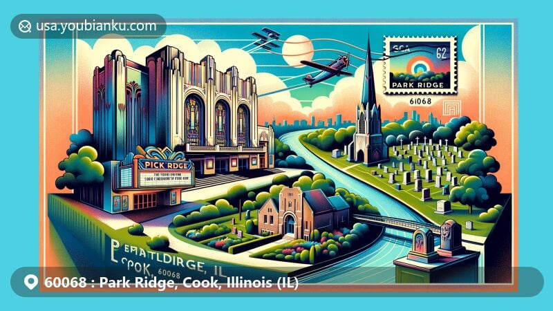 Modern illustration of Park Ridge, Cook County, Illinois, featuring iconic Pickwick Theatre and Town of Maine Cemetery with GAR Memorial. Includes Des Plaines River and Illinois state symbols.