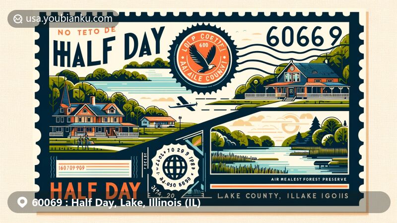 Contemporary illustration of Half Day, Lake County, Illinois, showcasing postal theme with ZIP code 60069, featuring historic Tavern and Half Day Forest Preserve.
