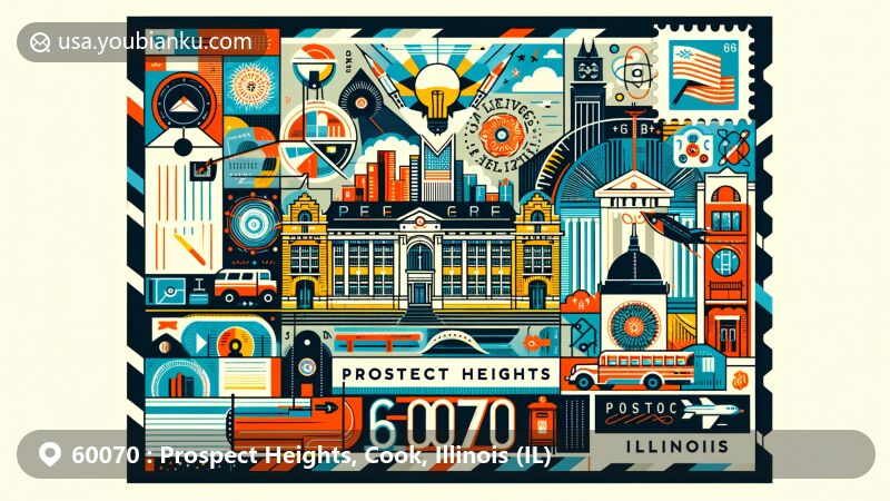 Modern illustration of Prospect Heights, Cook County, Illinois, showcasing postal theme with ZIP code 60070, featuring educational institutions, vibrant community, notable residents, and postal elements.