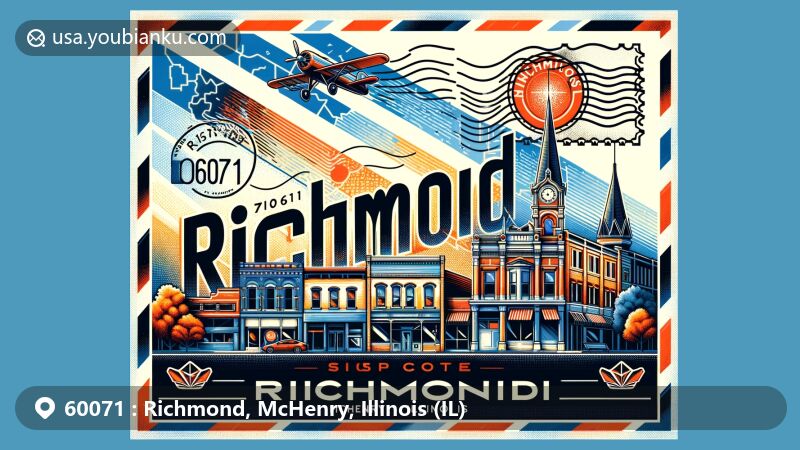 Modern illustration of Richmond, McHenry County, Illinois (IL), inspired by ZIP code 60071, designed as an airmail envelope highlighting downtown architecture and state symbols.