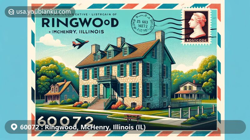 Modern illustration of Ringwood, McHenry County, Illinois, resembling a wide-format postcard or air mail envelope, featuring John James House in Georgian style, suburban village landscape, and vintage postal elements with ZIP code 60072.