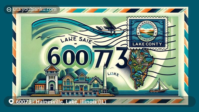 Modern illustration of Hainesville, Lake, Illinois, capturing postal theme with ZIP code 60073, featuring decorative air mail envelope with vibrant stamp of Lake County outline.