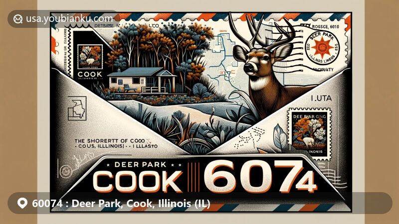 Modern illustration of Deer Park, Cook County, Illinois, featuring a postal theme with ZIP code 60074, showcasing dynamic elements like Illinois state flag, picturesque Deer Grove, and county outline.