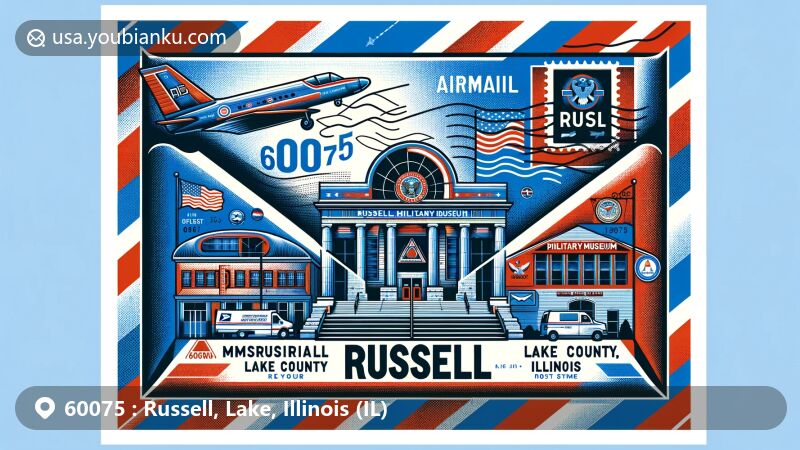 Modern illustration of Russell, Lake County, Illinois, featuring airmail envelope design with ZIP code 60075 and Russell Military Museum. Vibrant depiction captures unique architecture and military exhibits, with Illinois state symbols and traditional postal elements.