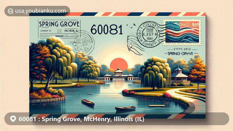 Modern illustration of Spring Grove, McHenry County, Illinois, resembling an air mail envelope with ZIP code 60081, featuring Spring Grove Fish Hatchery, Chain O'Lakes, and Illinois state symbols.