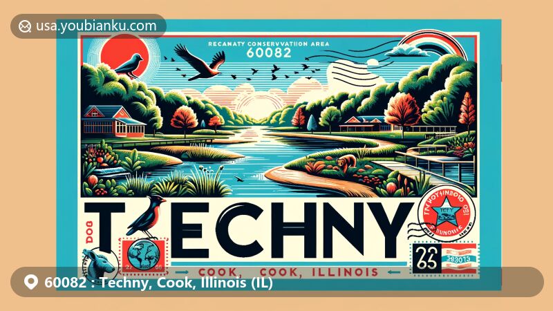Modern illustration of Techny, Cook, Illinois, highlighting postal theme with ZIP code 60082, showcasing the lush natural scenery of Techny Basin Conservation Area and Illinois state symbols.