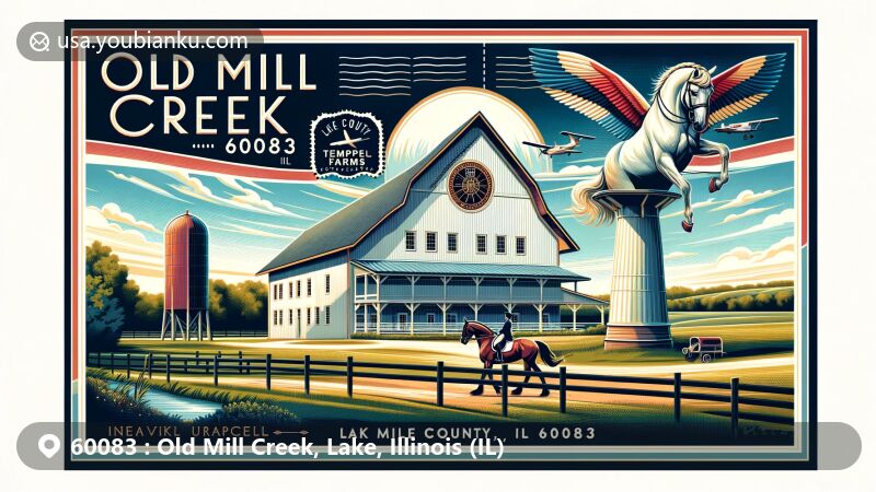 Modern illustration of Old Mill Creek, Lake County, Illinois, featuring iconic Tempel Farms with Lipizzan horses, rural countryside backdrop, and postal theme with ZIP code 60083.