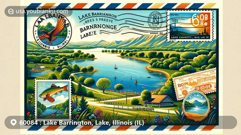 Modern illustration of Lake Barrington, Lake, Illinois, showcasing postal theme with ZIP code 60084, featuring Grassy Lake Forest Preserve, Barrington Lake, Illinois state flag, and vintage postage stamp.