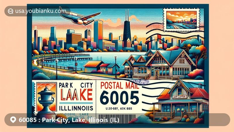 Modern illustration of Park City, Lake, Illinois, with postcard design and Old Skokie Road landmark, emphasizing economic development and community growth.