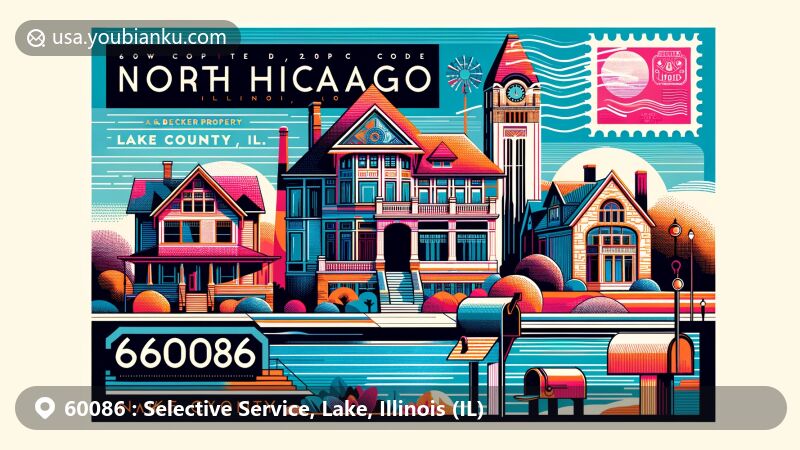 Contemporary illustration of North Chicago, Illinois, ZIP Code 60086, showcasing cultural landmarks such as A.G. Becker Property and Edward H. Bennett House, with postal elements like postage stamp and postmark.