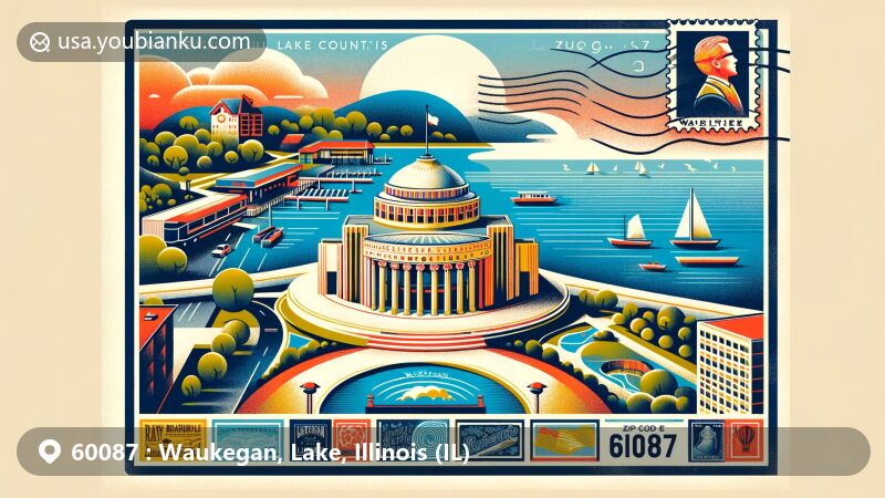 Modern illustration of Waukegan, Lake County, Illinois, featuring Genesee Theatre, Waukegan Harbor, Bowen Park, and Ray Bradbury Statue, with postal-themed elements including Illinois state flag and postal car.