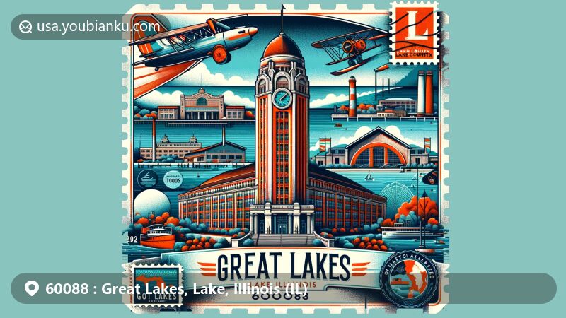 Modern illustration of Great Lakes, Lake, Illinois, showcasing postal theme with ZIP code 60088, featuring Great Lakes Naval Base and Clocktower Building.