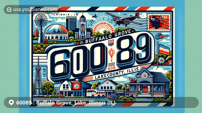 Modern illustration of Buffalo Grove, Lake County, Illinois, with postal theme for ZIP code 60089, featuring Raupp Museum, Willow Stream Park, Illinois state flag, and vintage postal elements.