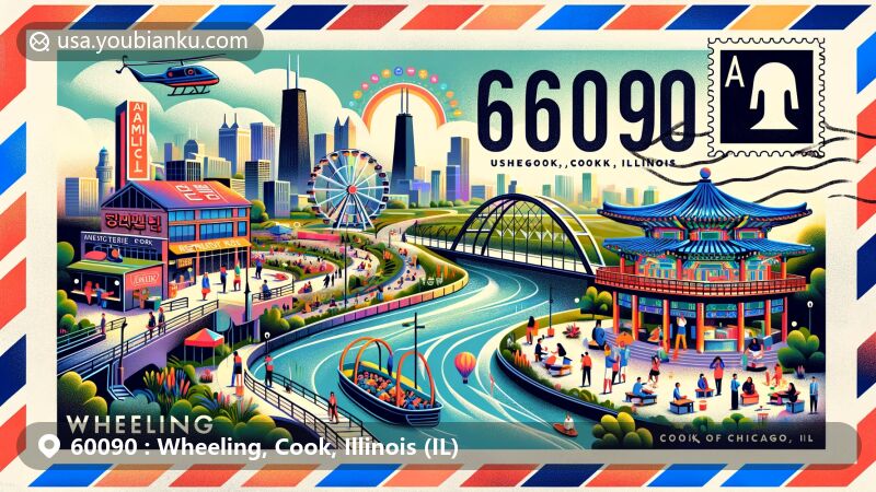 Modern illustration of Wheeling, Cook County, Illinois, resembling an air mail envelope with vibrant colors and contemporary style, featuring Restaurant Row, Korean Cultural Center, and Heritage Park.