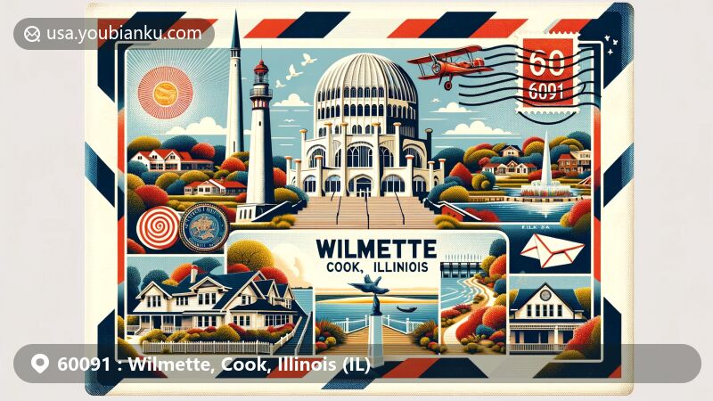Modern illustration of Wilmette, Cook County, Illinois, showcasing postal theme with ZIP code 60091, featuring Baha'i Temple, Grosse Point Lighthouse, and Village Center with historic architecture and natural beauty.
