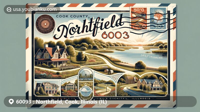 Modern illustration of Northfield, Cook County, Illinois, showcasing postal theme with ZIP code 60093, featuring serene parks, Lake Michigan elements, and affluent residential community.