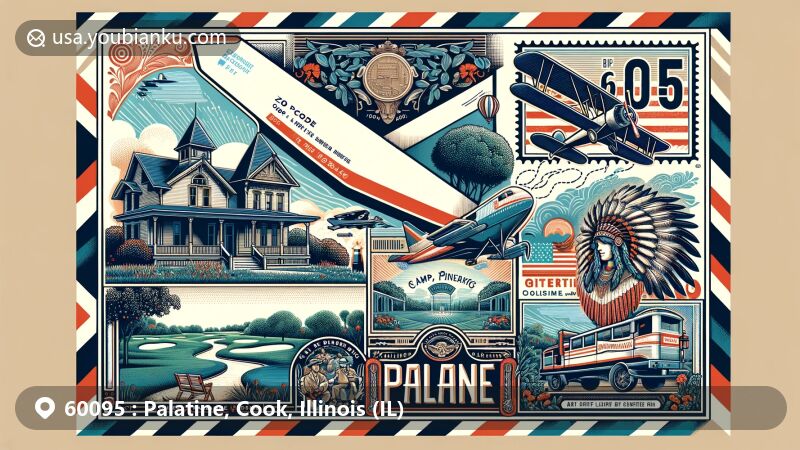 Modern illustration of Palatine, Cook, Illinois, highlighting postal theme with airmail envelope, George Clayson House, Palatine Hills Golf Course, and American Indian Day celebration at Camp Reinberg.