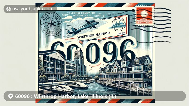 Vintage-style air mail envelope representing ZIP Code 60096 for Winthrop Harbor, Lake County, Illinois, highlighting postal theme with Illinois Beach State Park and North Point Marina views.