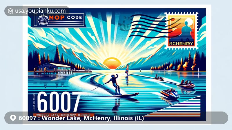 Modern illustration of Wonder Lake, McHenry, Illinois, featuring postal theme with ZIP code 60097, showcasing breathtaking scenery and dynamic local culture with water ski team performance.