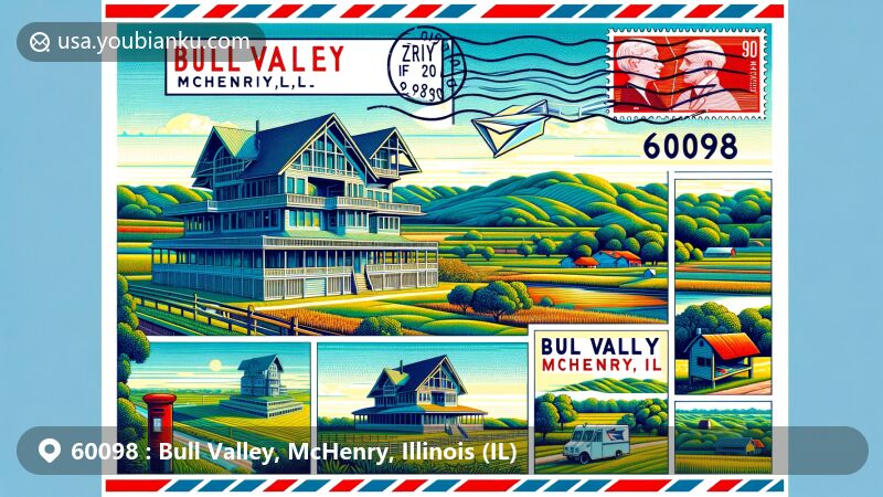 Modern illustration of Bull Valley, McHenry, Illinois, featuring the George Stickney House and airmail envelope design with ZIP Code 60098, showcasing rural landscapes and postal elements.
