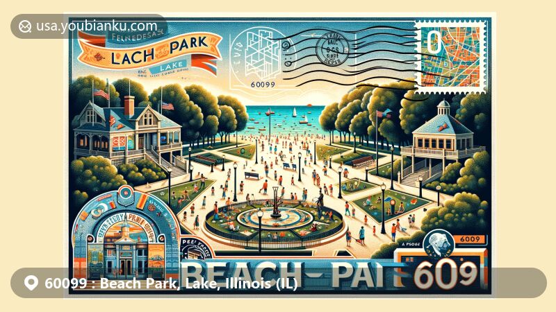 Modern illustration of Beach Park, Lake County, Illinois, showcasing Founders Park with children playing, greenery, and walking paths, featuring a stylized map of Lake County and the Illinois state flag.