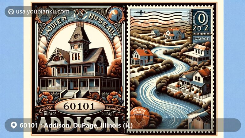 Modern illustration of Addison, DuPage, Illinois, representing ZIP code 60101, showcasing historical and modern elements like Addison Historical Museum, Salt Creek, and vintage postal stamp.