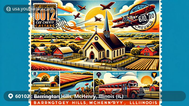 Modern illustration of Barrington Hills, McHenry, Illinois, capturing key elements like St. John Nepomucene Chapel, a farm landscape, Barrington Hills Country Club, the Fox River, and postal imagery with ZIP code 60102.