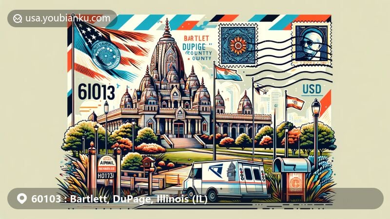 Modern illustration of Bartlett, DuPage County, Illinois, featuring BAPS Shri Swaminarayan Mandir, James 'Pate' Philip State Park, Illinois state flag, and postal elements. Bright colors and cultural landmarks create a visually appealing graphic.
