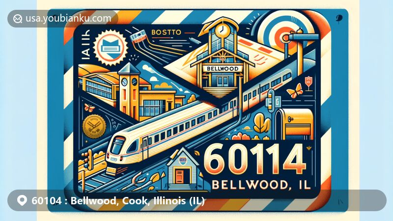 Modern illustration of Bellwood, Cook County, Illinois, showcasing postal theme with ZIP code 60104, featuring Metra commuter rail station, diverse community representation, stamp, postmark, and mailbox.
