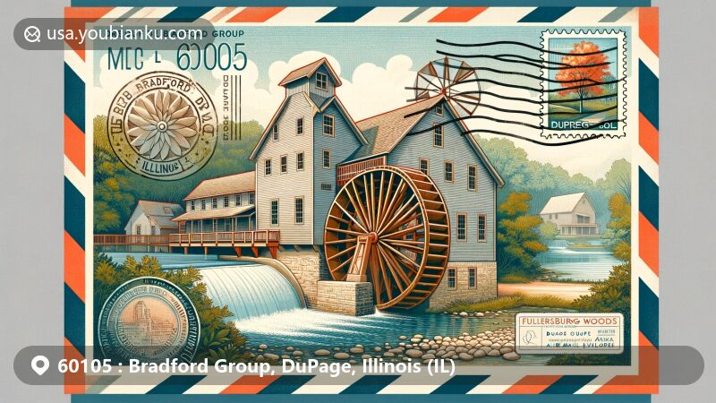 Modern illustration of Bradford Group area, DuPage County, Illinois, featuring Graue Mill and Museum, emblematic of rich history and cultural significance, with elements from Fullersburg Woods Forest Preserve, postal theme, and ZIP code 60105.