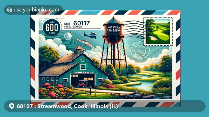 Modern illustration of Streamwood, Cook County, Illinois, inspired by airmail design with Hoosier Grove Barn and Arthur L. Janura Preserve, featuring Streamwood Water Tower and Streamwood Oaks Golf Club.